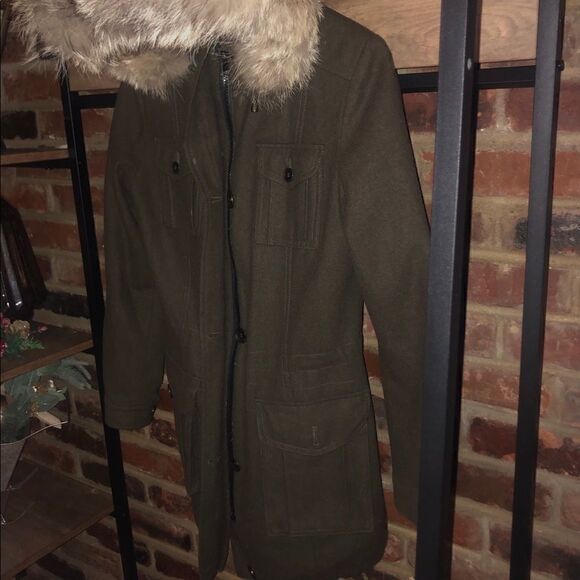 Marc New York Army Green Wool Jacket w/ Fur Hood - Sz 2 - Picture 4 of 14